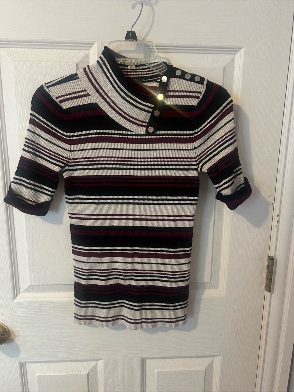 White House Black Market Striped Ribbed Sweater in Black, Cream & Burgundy